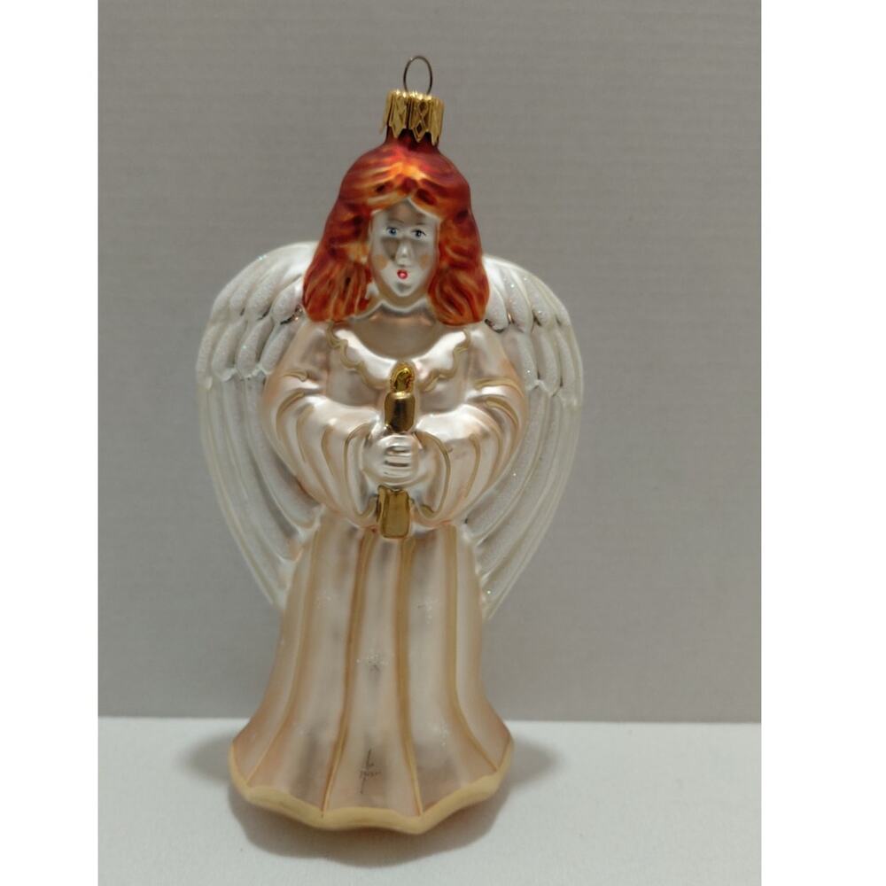 Large Vintage Christmas ornament Glass Hand painted Angel Holding a Candle